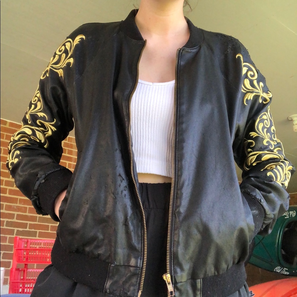 faux leather black & gold bomber jacket